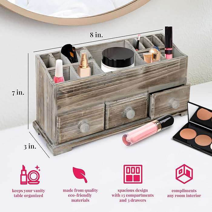Besti Rustic Vanity Organizer for Cosmetics, Makeup, and Bathroom Accessories, Wooden Farmhouse Storage Box with 3 Drawers, Vintage Countertop, Dresser, or Desk Organization - Image 3
