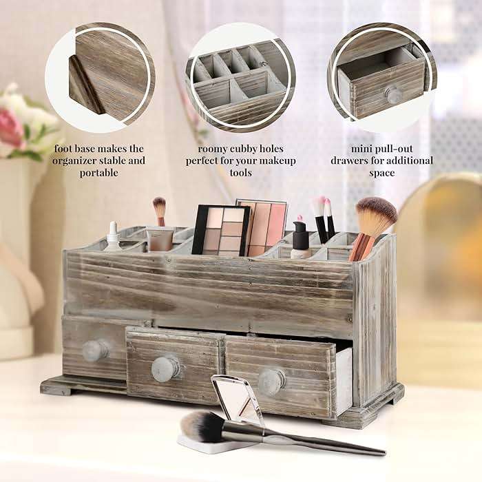 Besti Rustic Vanity Organizer for Cosmetics, Makeup, and Bathroom Accessories, Wooden Farmhouse Storage Box with 3 Drawers, Vintage Countertop, Dresser, or Desk Organization - Image 4