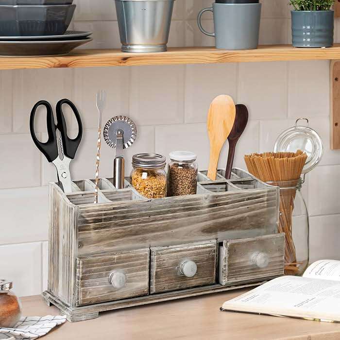 Besti Rustic Vanity Organizer for Cosmetics, Makeup, and Bathroom Accessories, Wooden Farmhouse Storage Box with 3 Drawers, Vintage Countertop, Dresser, or Desk Organization - Image 6