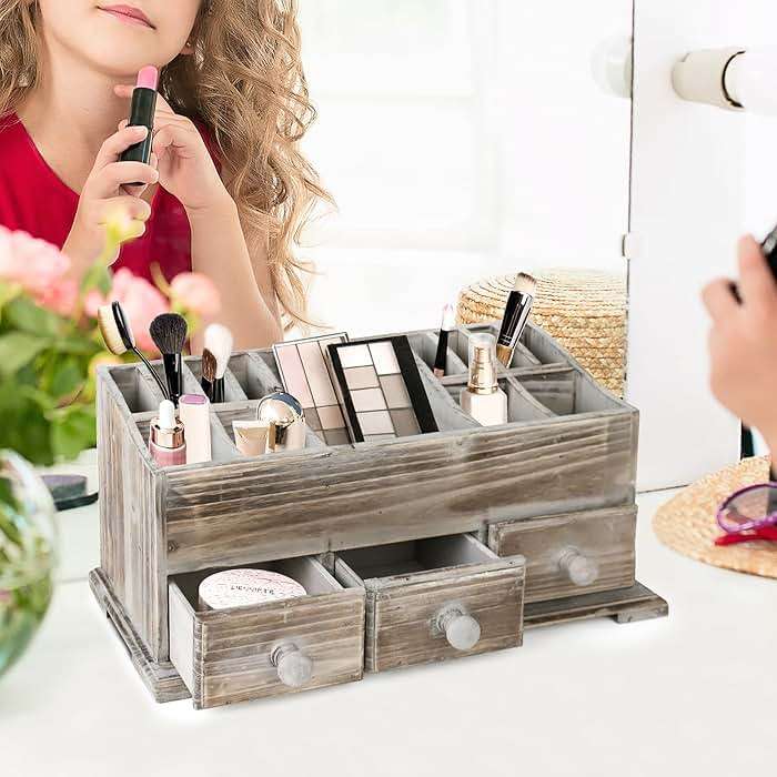 Besti Rustic Vanity Organizer for Cosmetics, Makeup, and Bathroom Accessories, Wooden Farmhouse Storage Box with 3 Drawers, Vintage Countertop, Dresser, or Desk Organization - Image 7