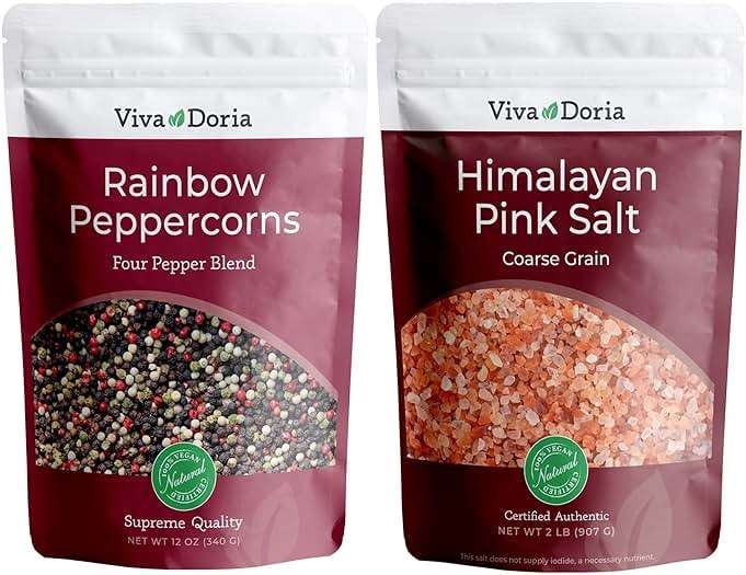Viva Doria Rainbow Peppercorns Blend 12 oz & Himalayan Pink Salt, Coarse Grain, 2 lb – Steam Sterilized Mixed Whole Peppercorns and Coarse Salt for Grinder Refills, 2-Set Combo Pack - Image 1