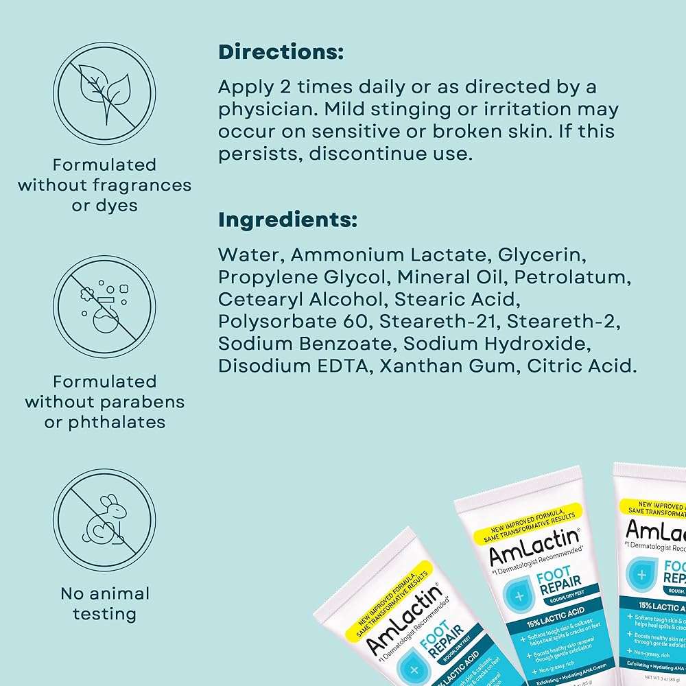 AmLactin Foot Repair Cream - Therapeutic Foot Cream for Dry Cracked Heels and Feet - Callus Softener - No-Scrub Exfoliator and Moisturizer with 15% Lactic Acid AHA - 3 oz (Packaging May Vary) - Image 7