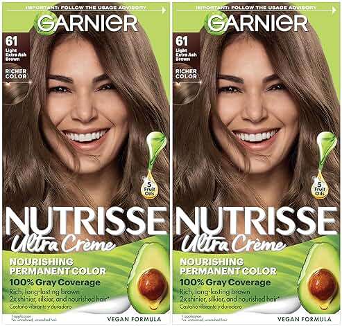Garnier Nutrisse Ultra Crème Hair Color, Permanent Hair Dye with 100% Gray Coverage, Vegan & Cruelty-Free, 61 Light Extra Ash Brown (Mochaccino), 2 Count - Image 1