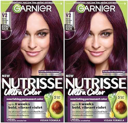 Garnier Nutrisse Ultra Color Hair Color, Permanent Hair Dye for Up to 8 Weeks of Bold, Vibrant, Fade-Resistant Results, Vegan & Cruelty-Free, V2 Dark Intense Violet (Spiced Plum), 2 Count - Image 1