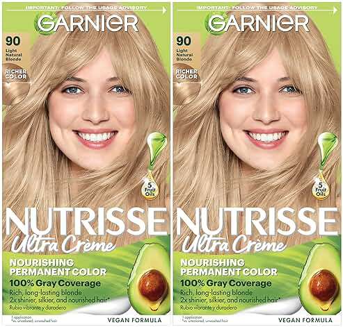 Garnier Nutrisse Ultra Crème Hair Color, Permanent Hair Dye with 100% Gray Coverage, Vegan & Cruelty-Free, 90 Light Natural Blonde (Macadamia), 2 Count - Image 1