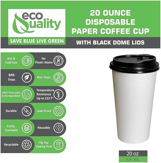 Extra Large 20oz White Paper Coffee Cups with Black Lids - (100 Count) by EcoQuality - Disposable Paper Coffee Cups - Hot Drink, Tea, Coffee, Cappuccino, Hot Chocolate, Chai, Chai Latte, Office,Travel - Image 4