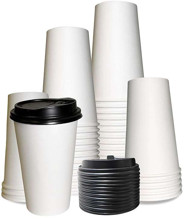 Extra Large 20oz White Paper Coffee Cups with Black Lids - (50 Count) by EcoQuality - Disposable Paper Coffee Cups - Hot Drink, Tea, Coffee, Cappuccino, Hot Chocolate, Chai, Chai Latte, Office, Travel - Image 1