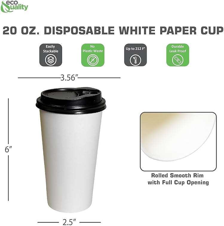 Extra Large 20oz White Paper Coffee Cups with Black Lids - (50 Count) by EcoQuality - Disposable Paper Coffee Cups - Hot Drink, Tea, Coffee, Cappuccino, Hot Chocolate, Chai, Chai Latte, Office, Travel - Image 3