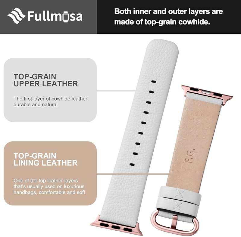 Fullmosa Leather Bands Compatible with Apple Watch Band 49mm 46mm 45mm 44mm 42mm for Men Women, Top Grain Genuine Leather Strap for iWatch Series 11/10/9/8/7/6/5/4/3/2/1,Ultra3/2/1,SE3/2/1, Off-white/Rose Gold - Image 6