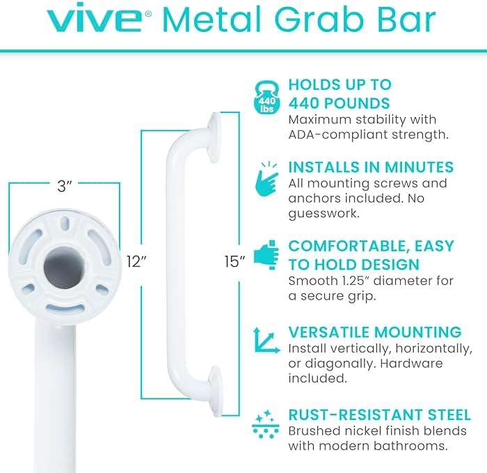 Vive Grab Bar for Showers - Bathroom Antislip Handrail for Seniors, Elderly Assistance Product, Heavy Duty Shower Handles, Handicap Grab Bars, Stainless Steel, Multipurpose, 440 lbs (White) - Image 2