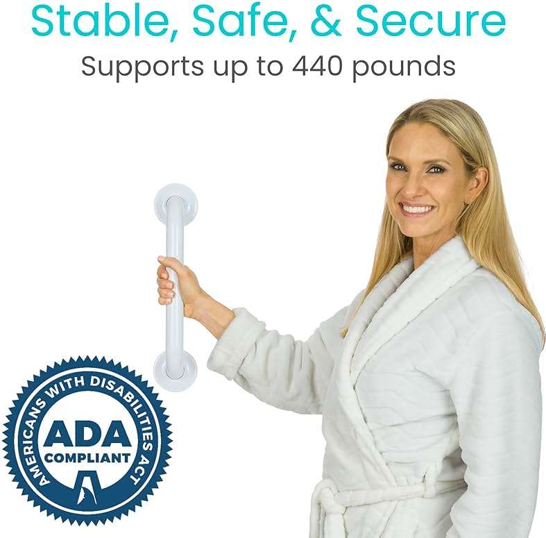 Vive Grab Bar for Showers - Bathroom Antislip Handrail for Seniors, Elderly Assistance Product, Heavy Duty Shower Handles, Handicap Grab Bars, Stainless Steel, Multipurpose, 440 lbs (White) - Image 3