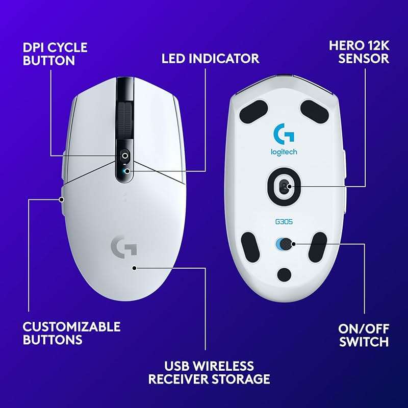 Logitech G305 Lightspeed Wireless Gaming Mouse, Hero Sensor, 12,000 DPI, Lightweight, 6 Programmable Buttons, 250h Battery, On-Board Memory, Compatible with PC, Mac - White - Image 7