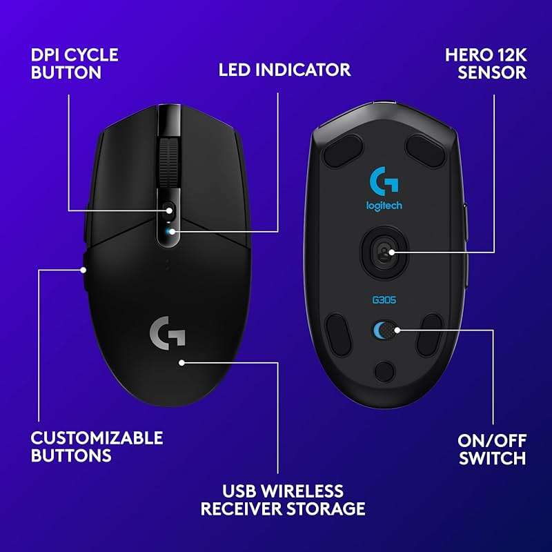 Logitech G305 Lightspeed Wireless Gaming Mouse, Hero Sensor, 12,000 DPI, Lightweight, 6 Programmable Buttons, 250h Battery, On-Board Memory, Compatible with PC, Mac - Black - Image 6