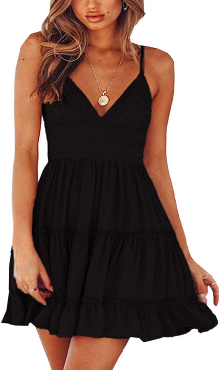 ECOWISH Summer Dresses for Women 2026 V-Neck Spaghetti Strap Bowknot Backless Sleeveless Lace Mini Swing Skater Dress - Image 1