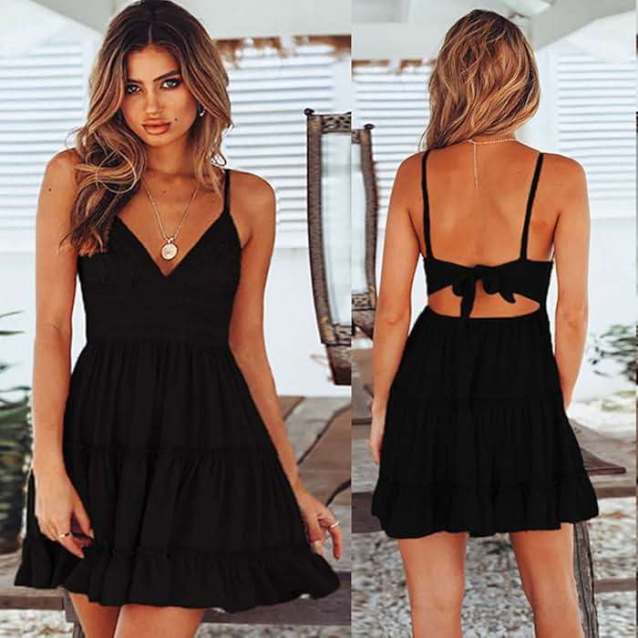 ECOWISH Summer Dresses for Women 2026 V-Neck Spaghetti Strap Bowknot Backless Sleeveless Lace Mini Swing Skater Dress - Image 2
