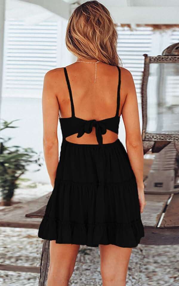 ECOWISH Summer Dresses for Women 2026 V-Neck Spaghetti Strap Bowknot Backless Sleeveless Lace Mini Swing Skater Dress - Image 4
