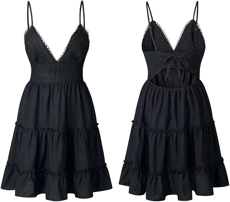 ECOWISH Summer Dresses for Women 2026 V-Neck Spaghetti Strap Bowknot Backless Sleeveless Lace Mini Swing Skater Dress - Image 5