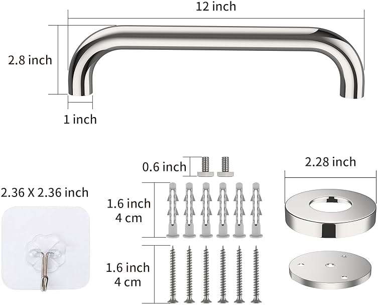 12 Inch Stainless Steel Shower Grab Bar - ZUEXT Shower Handle, Bathroom Balance Bar - Safety Hand Rail Support - Handicap, Elderly, Injury, Senior Assist Bath Handle (w/Self-Adhesive Stick-on Hook) - Image 2