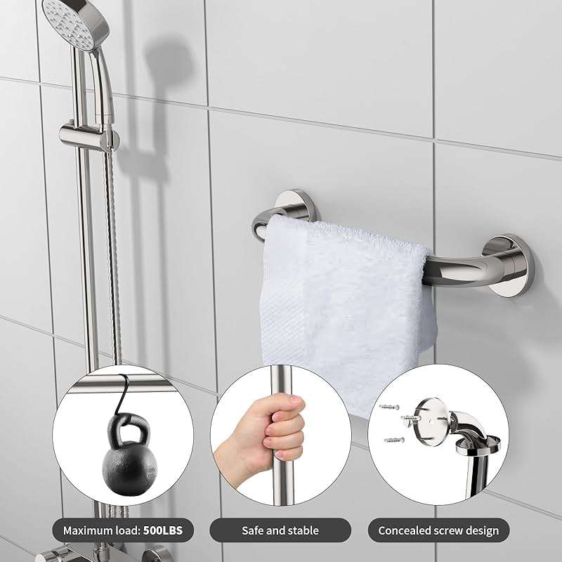 12 Inch Stainless Steel Shower Grab Bar - ZUEXT Shower Handle, Bathroom Balance Bar - Safety Hand Rail Support - Handicap, Elderly, Injury, Senior Assist Bath Handle (w/Self-Adhesive Stick-on Hook) - Image 3
