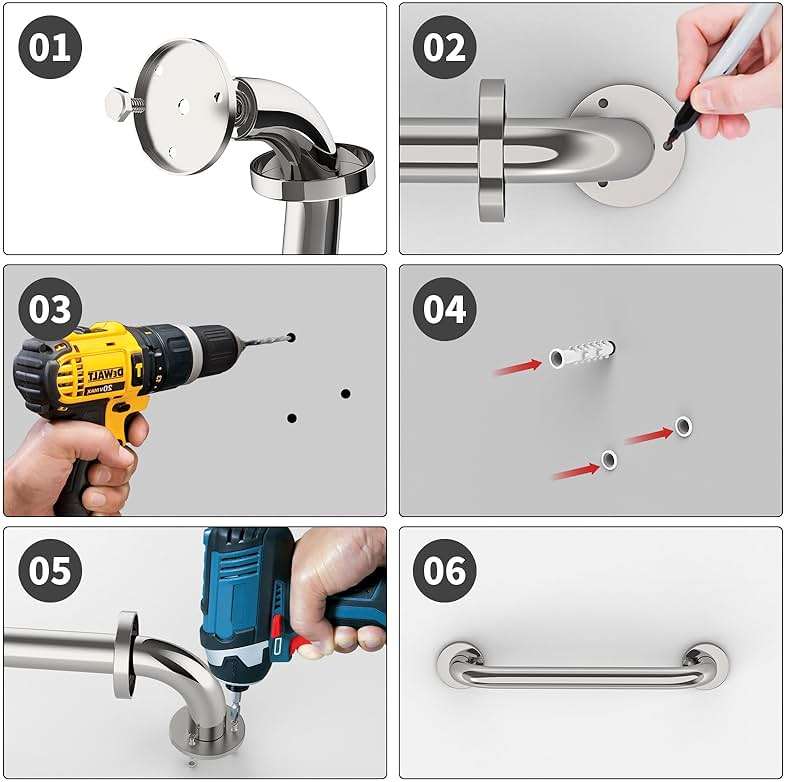 12 Inch Stainless Steel Shower Grab Bar - ZUEXT Shower Handle, Bathroom Balance Bar - Safety Hand Rail Support - Handicap, Elderly, Injury, Senior Assist Bath Handle (w/Self-Adhesive Stick-on Hook) - Image 6