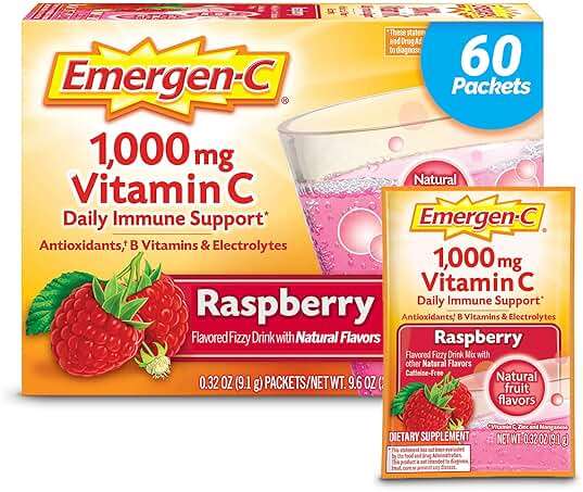 Emergen-C 1000mg Vitamin C Powder, with Antioxidants, B Vitamins and Electrolytes, Vitamin C Supplements for Immune Support, Caffeine Free Drink Mix, Raspberry Flavor - 60 Count/2 Month Supply - Image 1