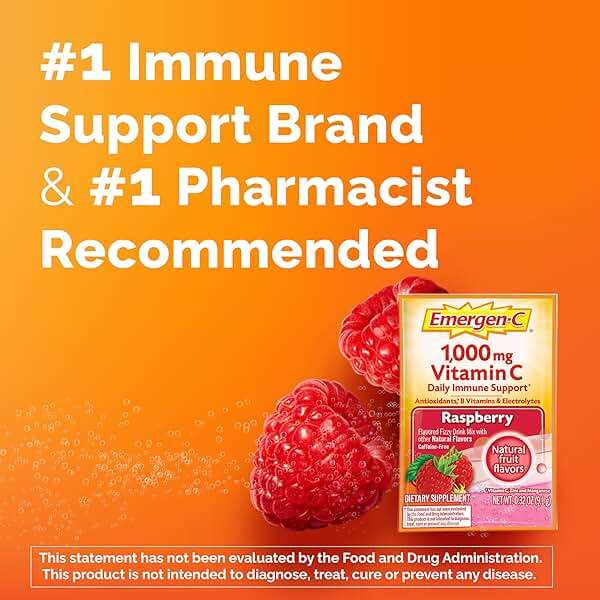 Emergen-C 1000mg Vitamin C Powder, with Antioxidants, B Vitamins and Electrolytes, Vitamin C Supplements for Immune Support, Caffeine Free Drink Mix, Raspberry Flavor - 60 Count/2 Month Supply - Image 9