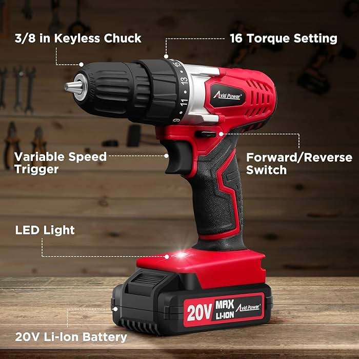 AVID POWER 20V Cordless Drill Set for Home DIY & Beginner Projects - Lightweight Power Drill with Battery Charger & 22 Bits, Variable Speed, 3/8" Keyless Chuck, Ideal for Furniture Assembly (Red) - Image 2