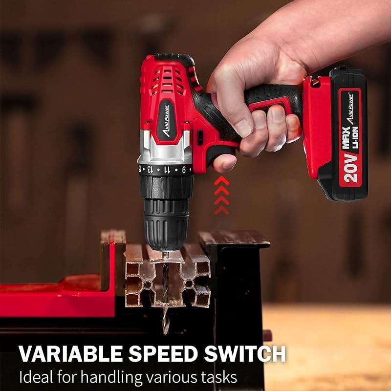 AVID POWER 20V Cordless Drill Set for Home DIY & Beginner Projects - Lightweight Power Drill with Battery Charger & 22 Bits, Variable Speed, 3/8" Keyless Chuck, Ideal for Furniture Assembly (Red) - Image 3