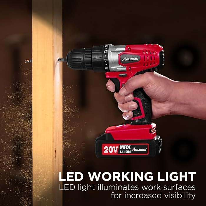 AVID POWER 20V Cordless Drill Set for Home DIY & Beginner Projects - Lightweight Power Drill with Battery Charger & 22 Bits, Variable Speed, 3/8" Keyless Chuck, Ideal for Furniture Assembly (Red) - Image 4