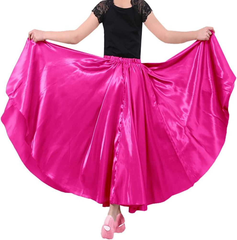 Backgarden Girls Stretched Shiny Satin Flowy Long Skirt for Belly Dance Flamenco - Image 1