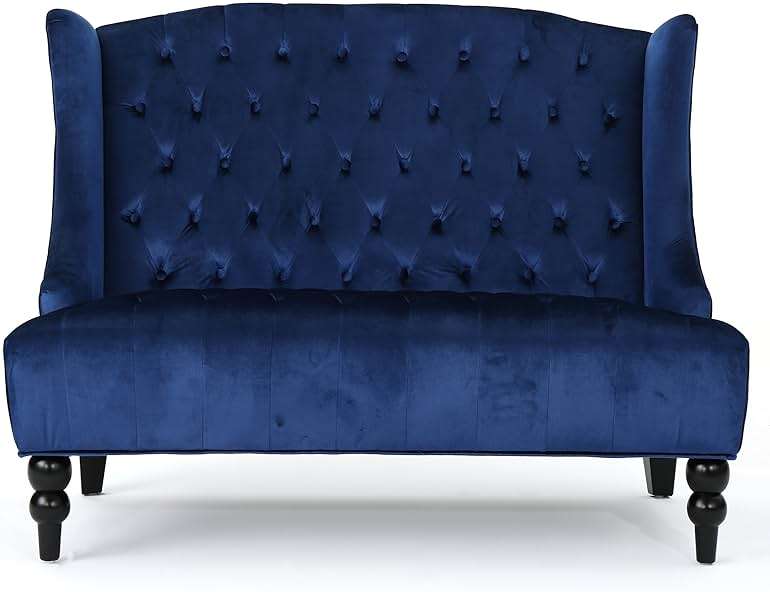 Christopher Knight Home Leora Traditional Tufted Velvet Wingback Loveseat, Navy Blue / Dark Brown - Image 1