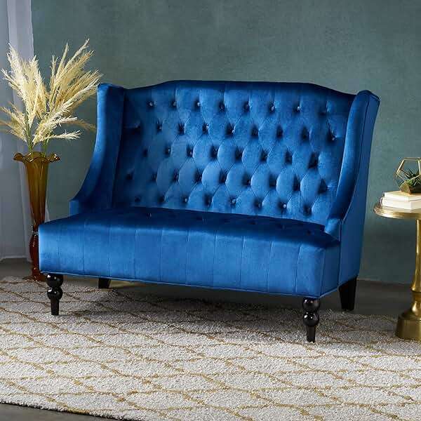 Christopher Knight Home Leora Traditional Tufted Velvet Wingback Loveseat, Navy Blue / Dark Brown - Image 2