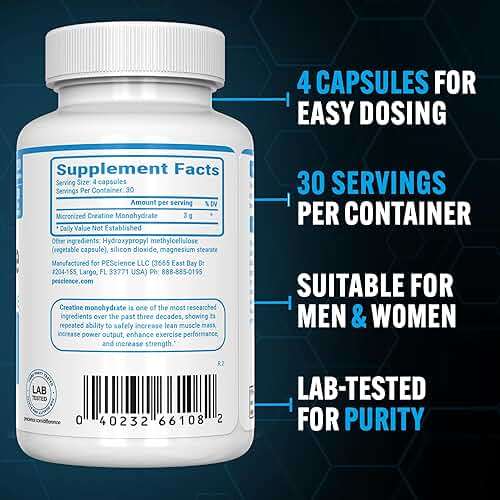 PEScience TruCreatine Creatine Pills, Easy-to-Take Creapure Creatine Capsules, Monohydrate, for Men & Women, Supports Muscle Growth, Strength & Recovery, Cognition, 3g Per Serving, 120 Capsules - Image 3