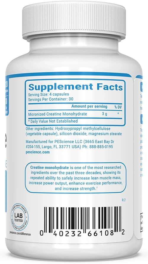 PEScience TruCreatine Creatine Pills, Easy-to-Take Creapure Creatine Capsules, Monohydrate, for Men & Women, Supports Muscle Growth, Strength & Recovery, Cognition, 3g Per Serving, 120 Capsules - Image 6