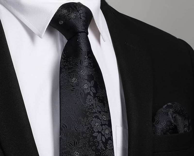 HISDERN Men Floral Ties Woven Classic 3.4" Necktie Set Formal Tie Pocket Square for Wedding with Handkerchief Gift Box - Image 3
