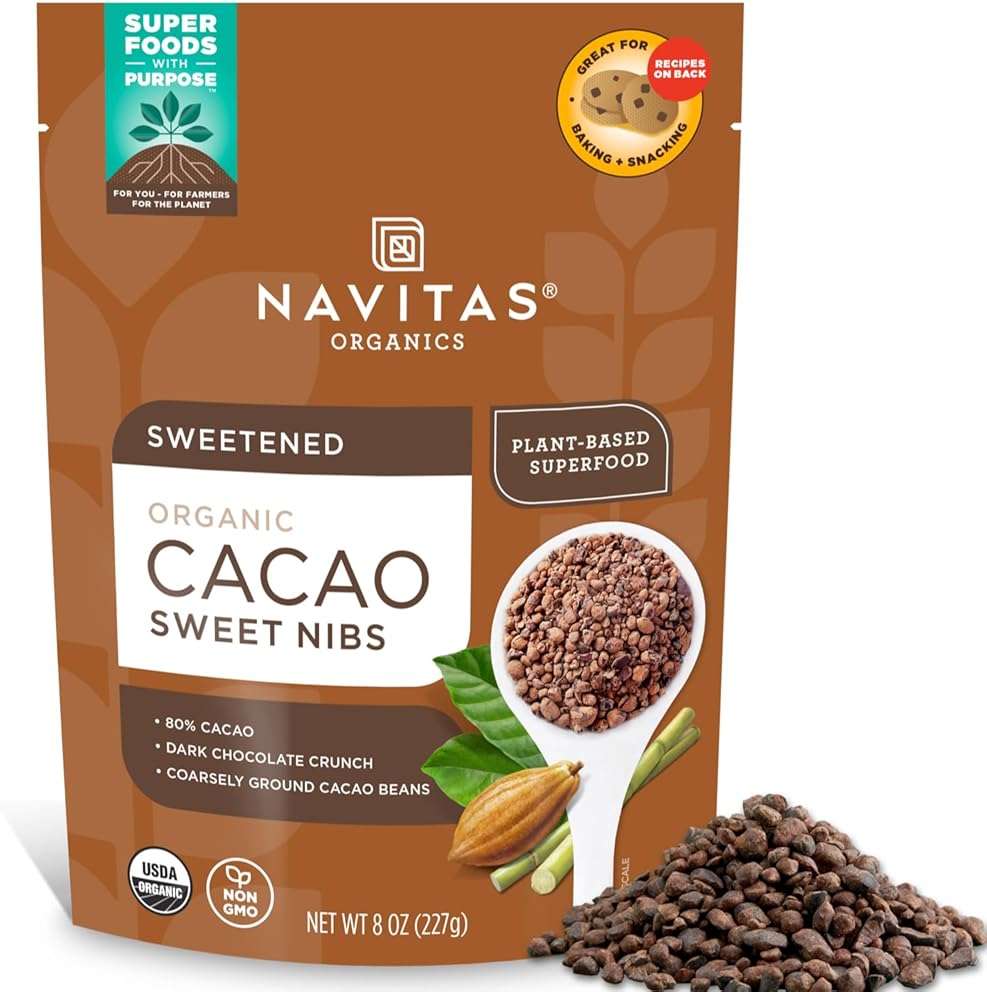 Navitas Organics Cacao Nibs – Sweetened Dark Chocolate Crunch – Antioxidants, Minerals, Fiber – For Trail Mix, Baking & More – USDA Organic, Fairtrade, Non GMO, Gluten Free, Non-alkalized (8oz. Bag 57 Servings) - Image 1