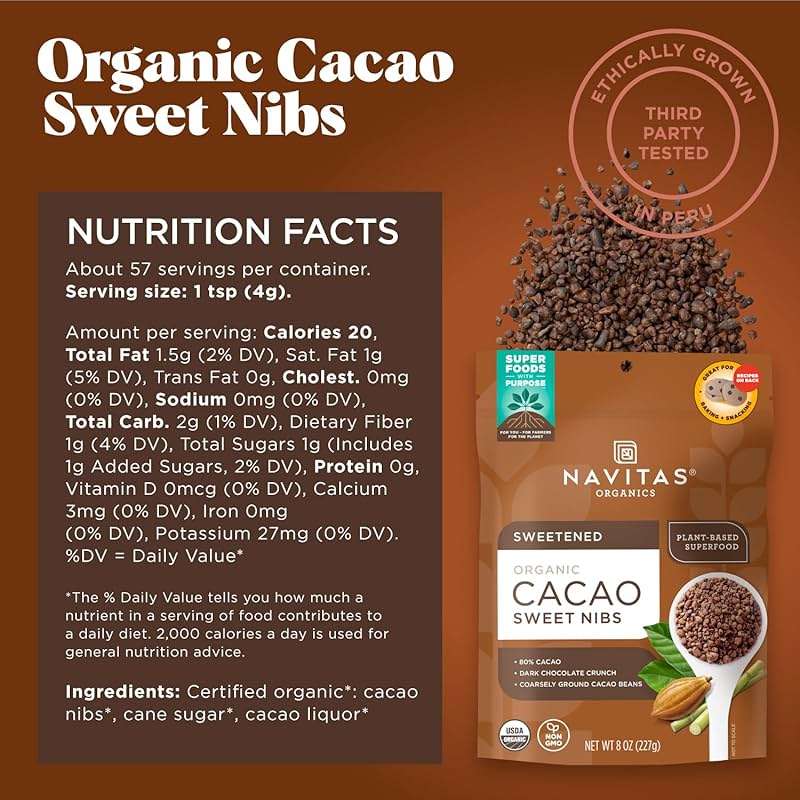 Navitas Organics Cacao Nibs – Sweetened Dark Chocolate Crunch – Antioxidants, Minerals, Fiber – For Trail Mix, Baking & More – USDA Organic, Fairtrade, Non GMO, Gluten Free, Non-alkalized (8oz. Bag 57 Servings) - Image 2