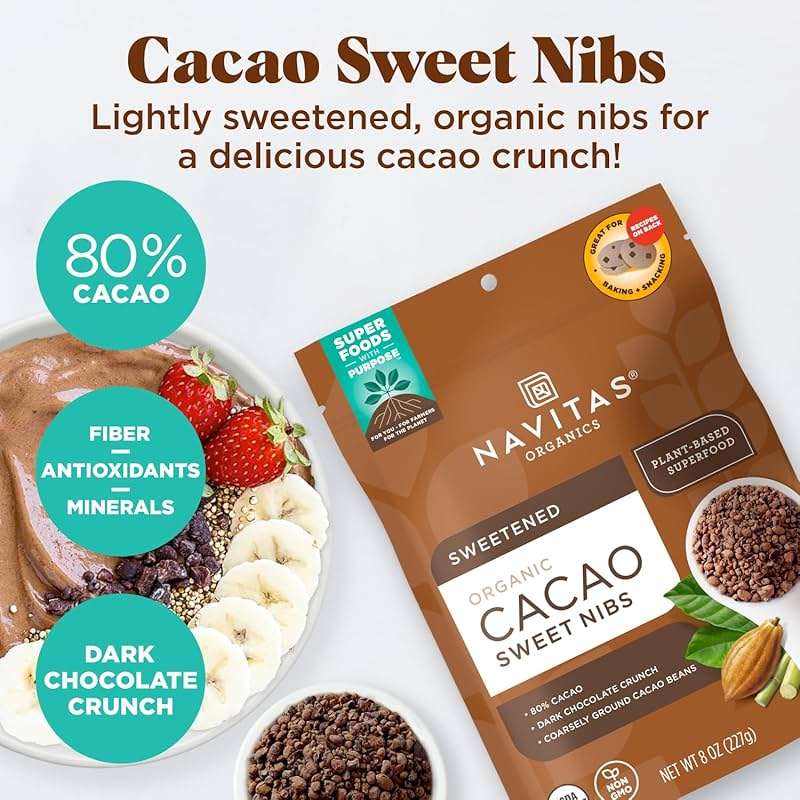 Navitas Organics Cacao Nibs – Sweetened Dark Chocolate Crunch – Antioxidants, Minerals, Fiber – For Trail Mix, Baking & More – USDA Organic, Fairtrade, Non GMO, Gluten Free, Non-alkalized (8oz. Bag 57 Servings) - Image 3