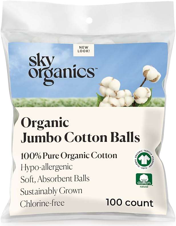 Sky Organics Jumbo Cotton Balls for Sensitive Skin, 100% Pure Organic Cotton Sustainably Grown, Chlorine Free, Hypoallergenic, Ultra-Soft and Absorbent for Beauty,Personal Care, 100 ct - Image 1