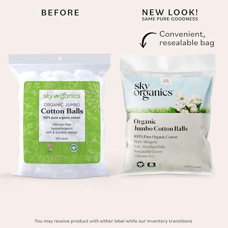 Sky Organics Jumbo Cotton Balls for Sensitive Skin, 100% Pure Organic Cotton Sustainably Grown, Chlorine Free, Hypoallergenic, Ultra-Soft and Absorbent for Beauty,Personal Care, 100 ct - Image 2