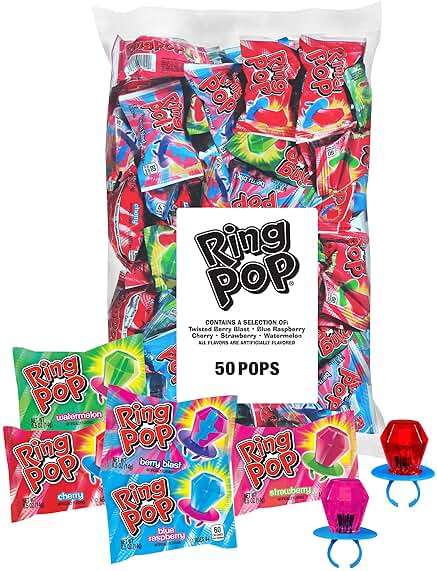 Ring Pop Lollipops - Bulk Candy Individually Wrapped Suckers Variety Party Pack- 50 Count w/Assorted Flavors - Hard Candy for Party Favors, Kids & Goodie Bags, 25 Ounce - Image 1