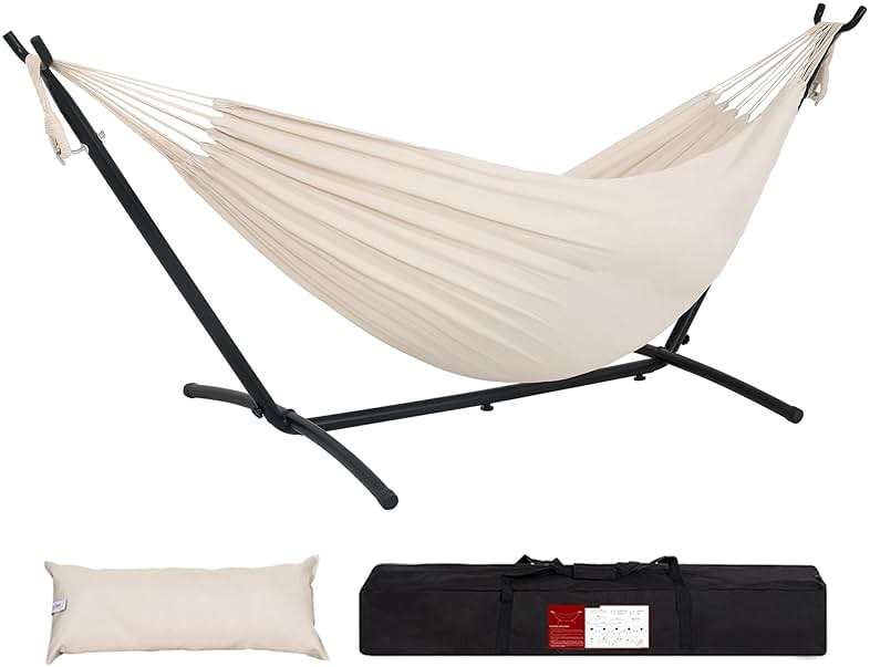 Lazy Daze Portable Hammock with Stand, Free Standing Hammocks for Indoor Outdoor Patio Yard, Has a Carrying Bag and Pillow, 9ft Steel Hamacas Heavy Duty 2 Person Amaca 450 lbs Capacity(White) - Image 1