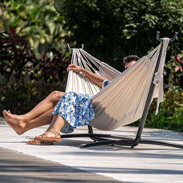 Lazy Daze Portable Hammock with Stand, Free Standing Hammocks for Indoor Outdoor Patio Yard, Has a Carrying Bag and Pillow, 9ft Steel Hamacas Heavy Duty 2 Person Amaca 450 lbs Capacity(White) - Image 2