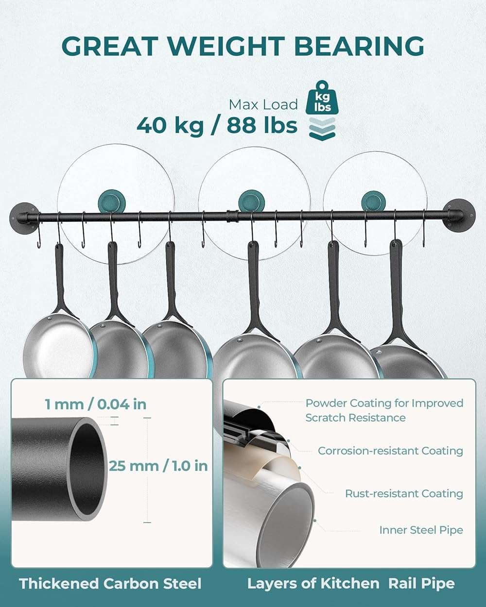 OROPY 38 inch Pot Bar Rack Wall Mounted Detachable Pans Hanging Rail Kitchen Lids Utensils Hanger with 14 S Hooks Black - Image 5