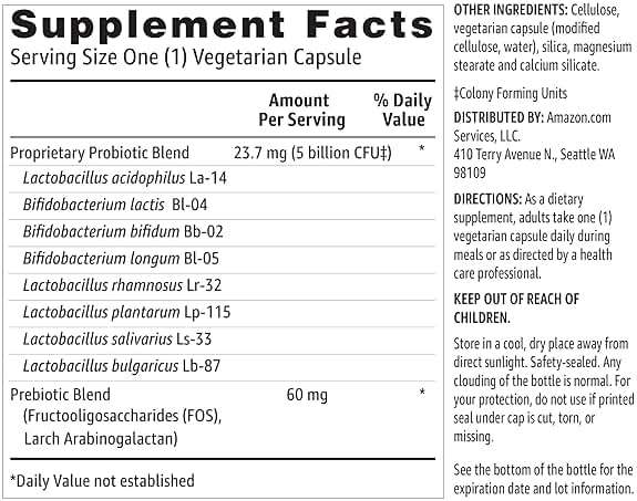 Amazon Basics Probiotic, 5 Billion CFU, No Artificial Colors & Flavors, Gluten-Free, 60 Vegetarian Capsule, Probiotics for Digestive Health - Image 5