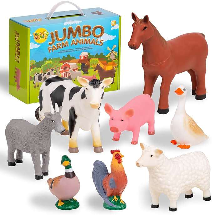 Learning Minds Set of 8 Jumbo Farm Animal Figures - Farm Animals for Toddlers Age 1-3 - Farm Toy for Kids Age 18 Months Plus - Animal Toys for Kids 1,2,3 Years Old - Image 1