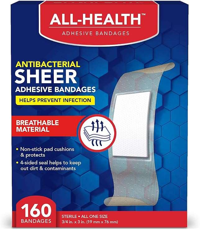 All Health Antibacterial Sheer Adhesive Bandages, 3/4 in x 3 in, 160 ct | Helps Prevent Infection, Extra Large Comfortable Protection for First Aid and Wound Care - Image 1