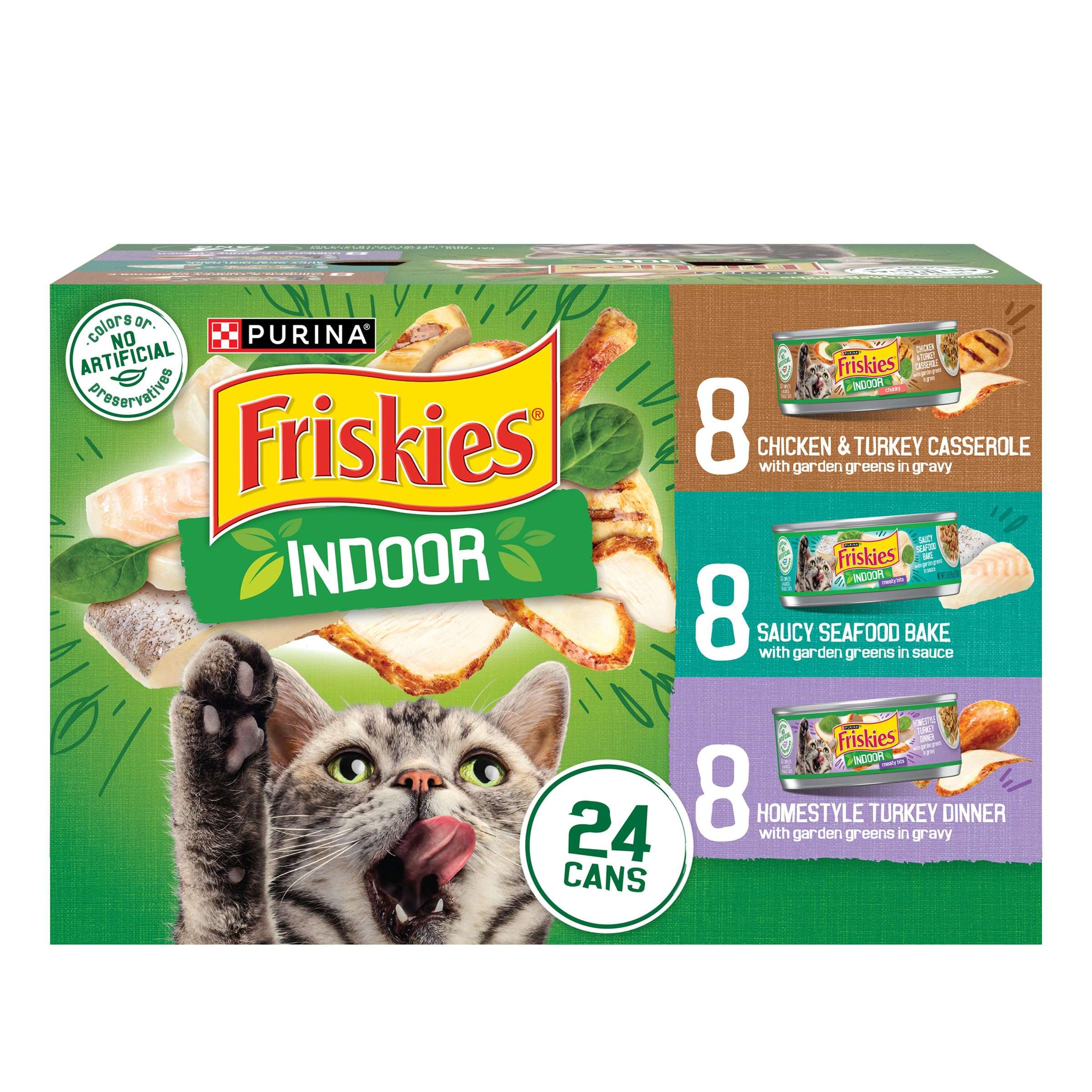 Purina Friskies Indoor Cat Food 24ct VP - (Chicken and Turkey Casserole, Saucy Seafood Bake, Homestyle Turkey Dinner) - (Pack of 24) 5.5 oz. Cans - Image 1