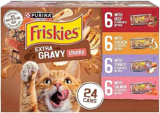 Purina Friskies Extra Gravy Wet Cat Food Chunky 24ct Variety Pack (With Chicken, Turkey, Salmon, Beef) - (Pack of 24) 5.5 oz. Cans - Image 1
