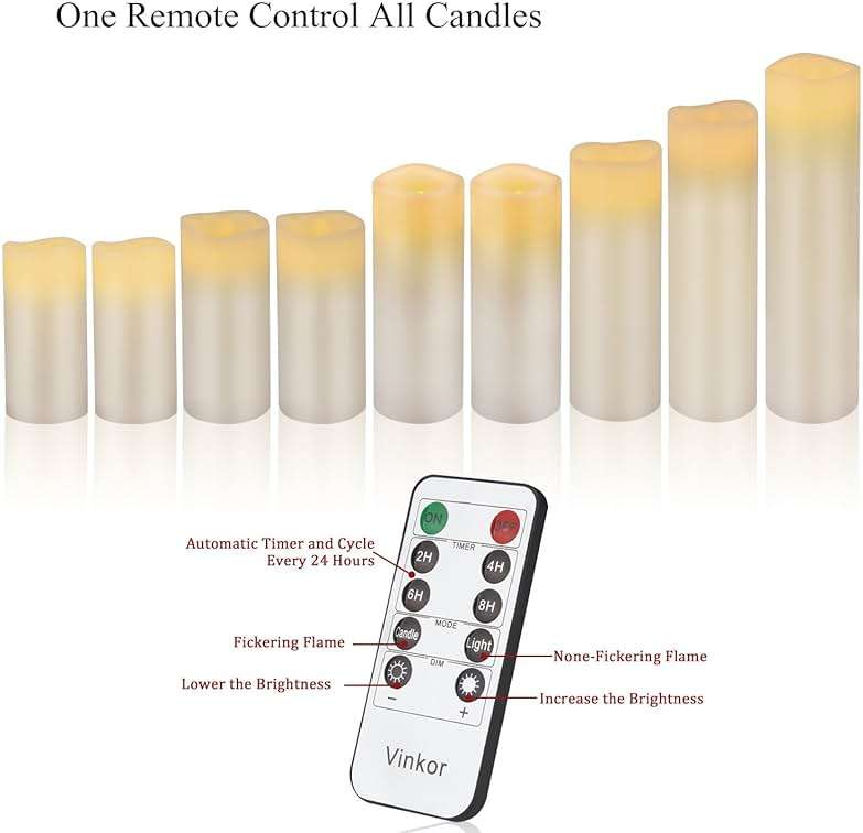 Vinkor Flameless Candles Battery Operated Candles Real Wax Pillar LED Candles with 10-Key Remote and Cycling 24 Hours Timer (Ivory 4" 5" 6" 7" 8" 9") - Image 6